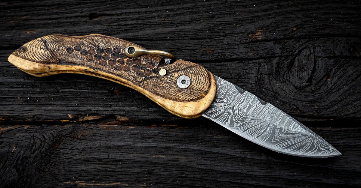 Le Las-Caums - Couteau Pliant Artisanal Pistolet - Lame Damas - Art de la Table - Pièce Unique - Zhàn-Do